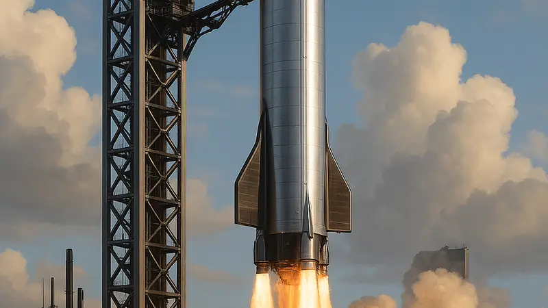 Рендер космического корабля Starship V3 от SpaceX, готовящегося к запуску на стартовой площадке.