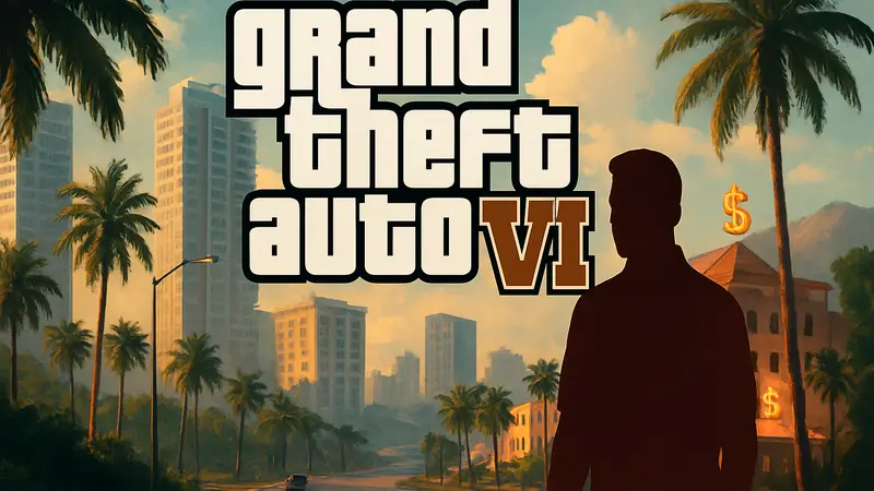 Изображение логотипа Grand Theft Auto VI с фоном из игрового мира, символизирующее большой бюджет разработки