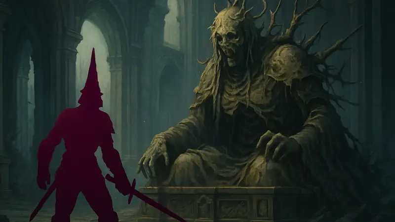 Скриншот из Blasphemous 2 DLC "Третий Грех" с одним из новых, мрачных боссов, например Darbon или Crescencia.