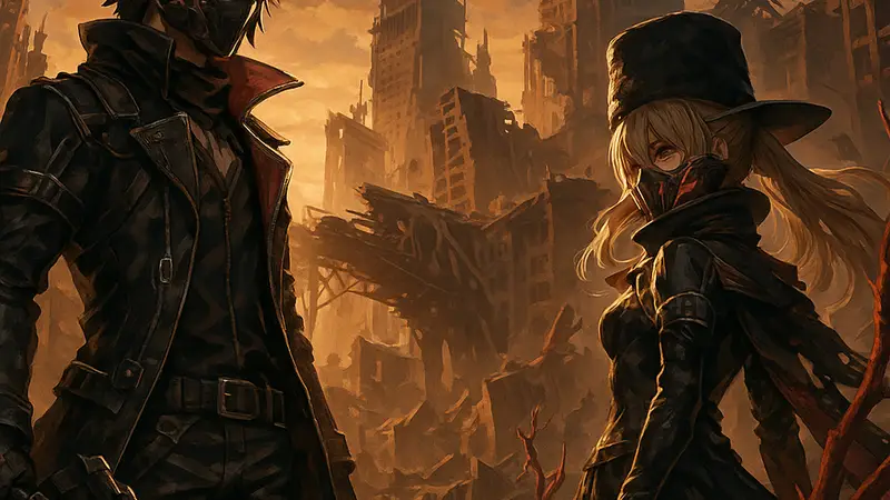 Главные герои Code Vein на фоне разрушенного мира, символизирующие сложность сюжета