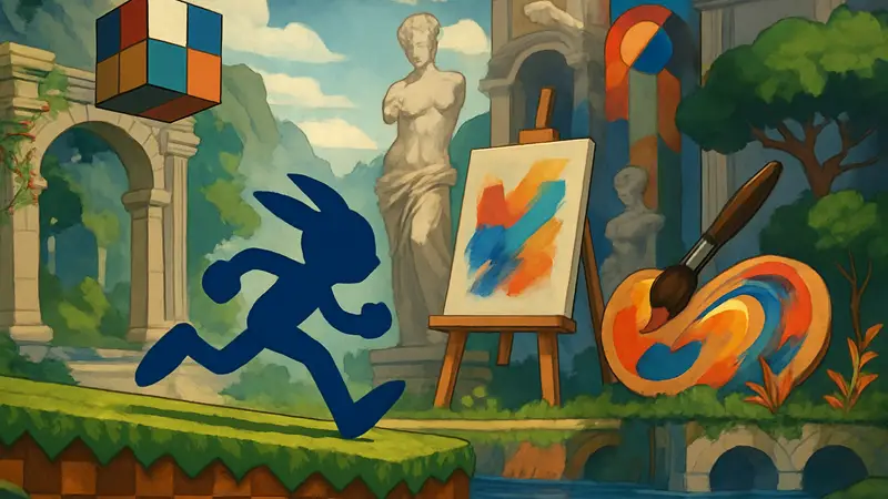 Обложка игры Artius: Pure Imagination, стилизованная под ретро-платформер с элементами современного искусства