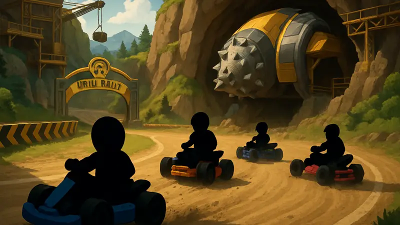 Игроки в Mario Kart World соревнуются на новой трассе Drill Rally, скриншот из игры.