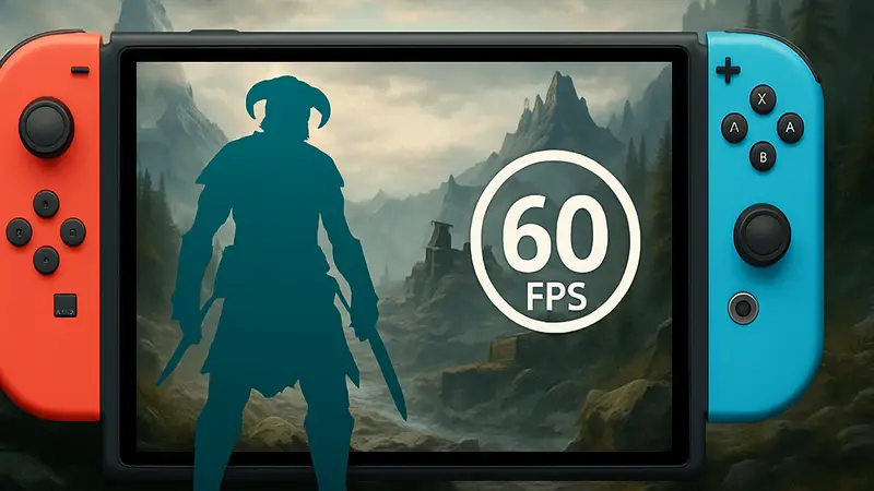 Скриншот из игры Skyrim на фоне Nintendo Switch с логотипом 60 FPS