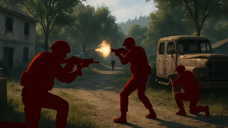 Игровой скриншот из Gray Zone Warfare, демонстрирующий перестрелку в серой зоне с бойцами.