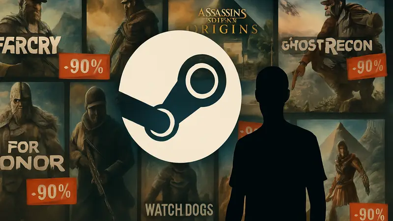 Логотип Steam на фоне обложек игр Ubisoft с пометками скидок до 90%