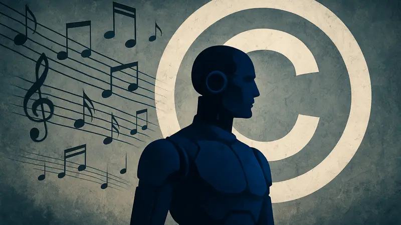 Изображение, символизирующее искусственный интеллект и музыкальные ноты на фоне авторского знака