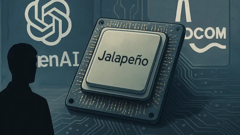 Изображение чипа Jalapeño на фоне логотипов OpenAI и Broadcom.