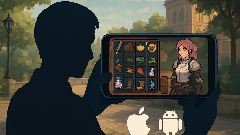Скриншот игрового процесса Backpack Battles на экране мобильного телефона, с иконками iOS и Android.