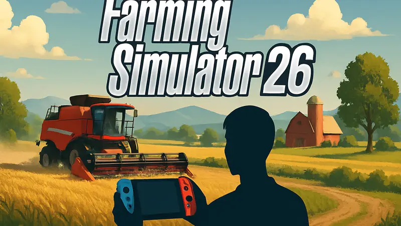 Логотип Farming Simulator 26 на фоне фермы и комбайна, с консолью Nintendo Switch