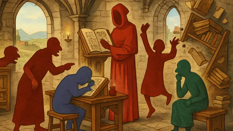 Скриншот из игры Scriptorium, пародирующей чернильный арт-стиль Pentiment с юмористическими элементами