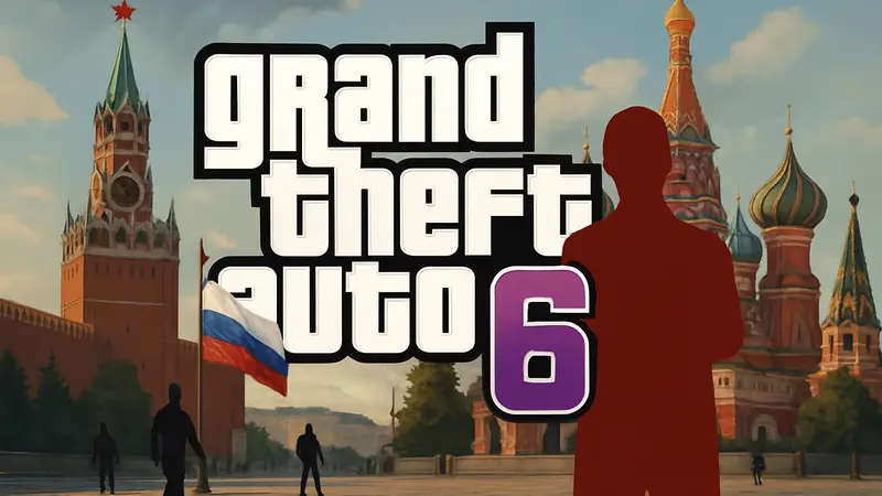 Логотип игры Grand Theft Auto 6 на фоне символов России, иллюстрирующий слухи о запрете