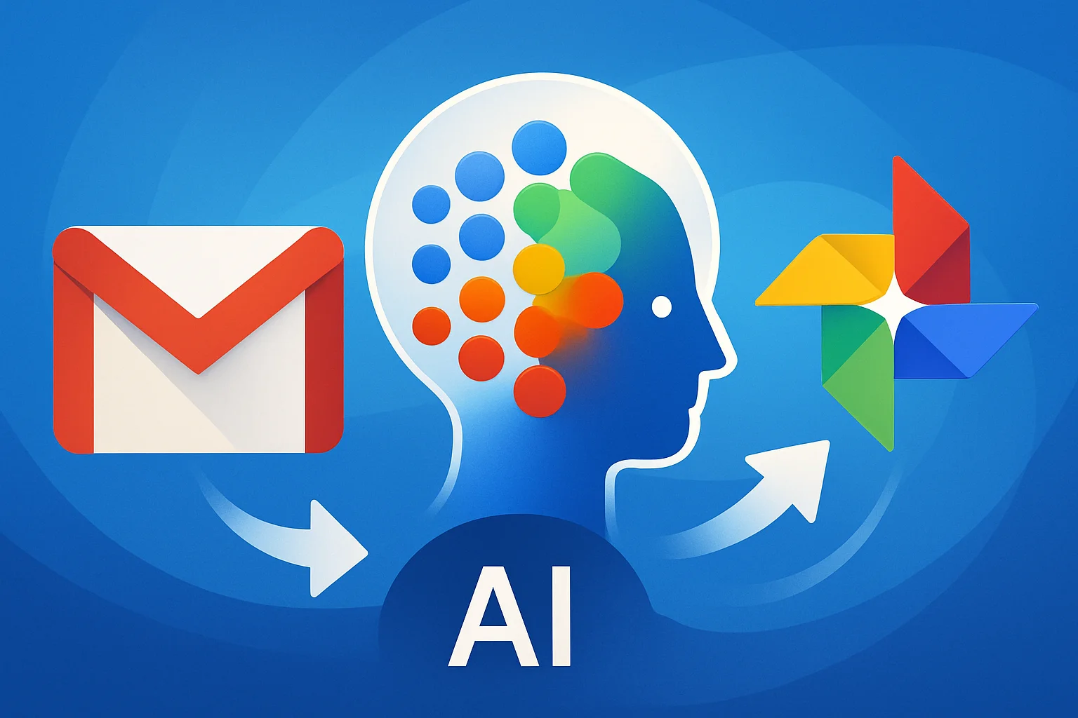 Изображение, демонстрирующее интеграцию Google AI с иконками Gmail и Google Photos, символизирующее персонализированные ответы.