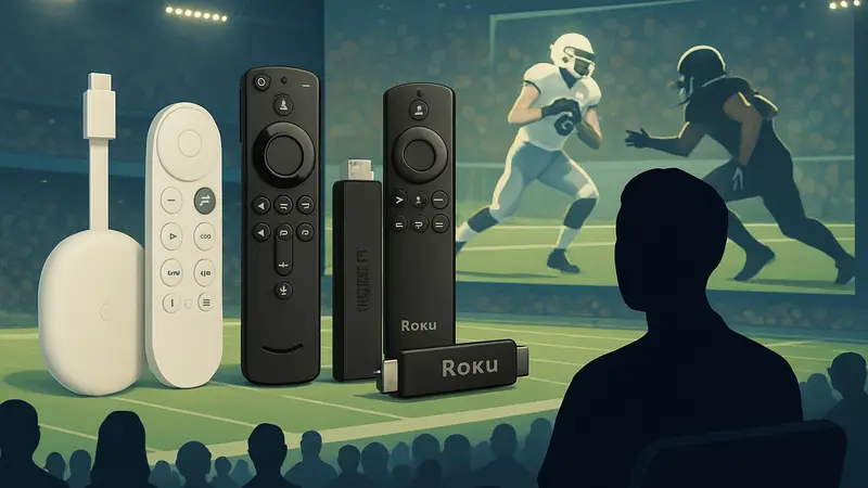 Различные стриминговые устройства, такие как Google TV 4K, Amazon Fire TV и Roku, на фоне спортивного события.