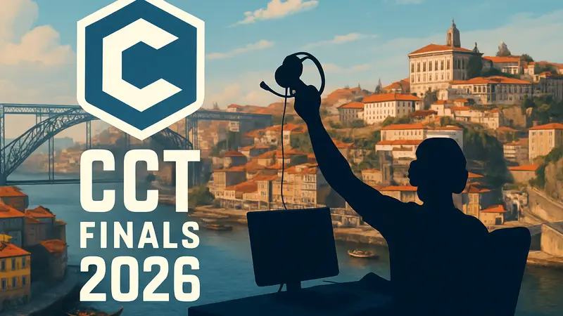 Логотип CCT Global Finals 2026 на фоне Порту, символизирующий киберспорт и турниры.