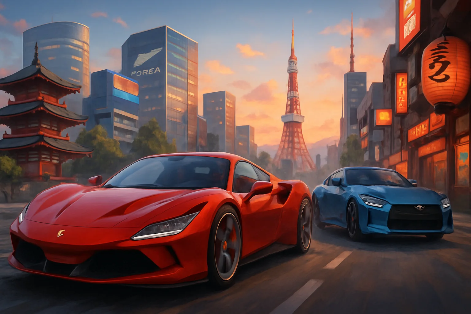 Спорткары Forza Horizon 6 на фоне японских городских пейзажей, демонстрирующие подход к дизайну карты.