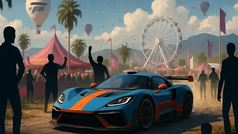 Гоночный автомобиль на фоне праздничного фестиваля Forza Horizon, мир которого абсурден в реальности.