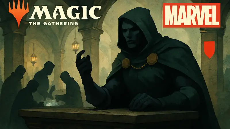 Карта Magic: The Gathering Black Market Connections с Доктором Думом и символом Marvel.
