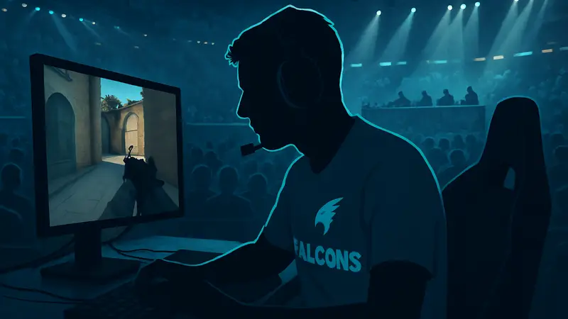 Киберспортсмен kyxsan из Falcons на фоне турнира, сосредоточенный на игре.