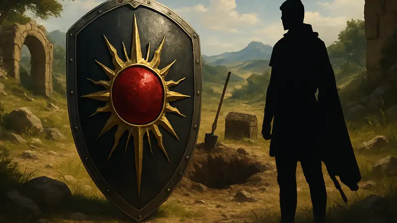 Игровой щит Чёрного Солнца в Crimson Desert на фоне локации с зарытым сокровищем