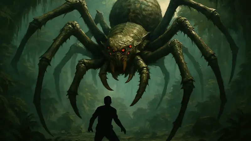 Гигантский паук Araneo в Ark Survival Ascended, готовящийся к атаке сверху после обновления TLC