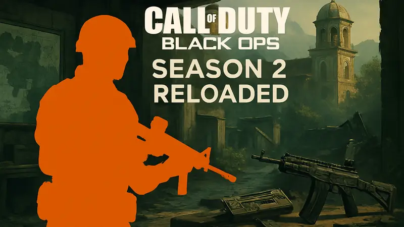 Обновление Black Ops 7 Season 2 Reloaded, логотип Call of Duty, игровой контент, новые карты и оружие.