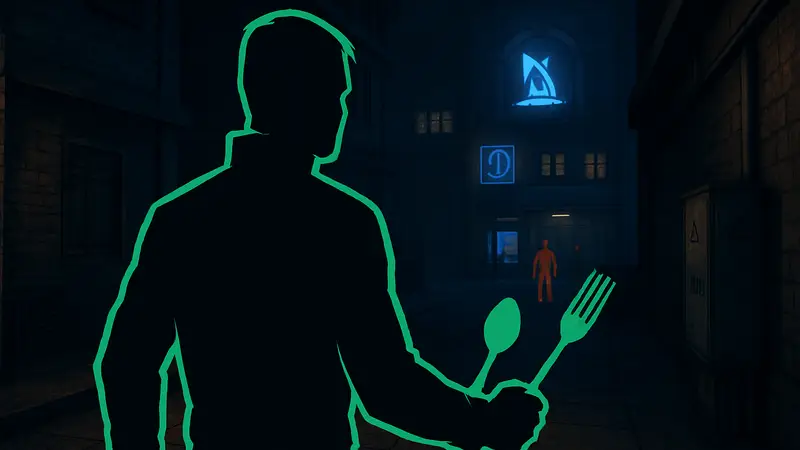 Скриншот из Deus Ex The Nameless Mod, игрок с вилкой и ложкой.