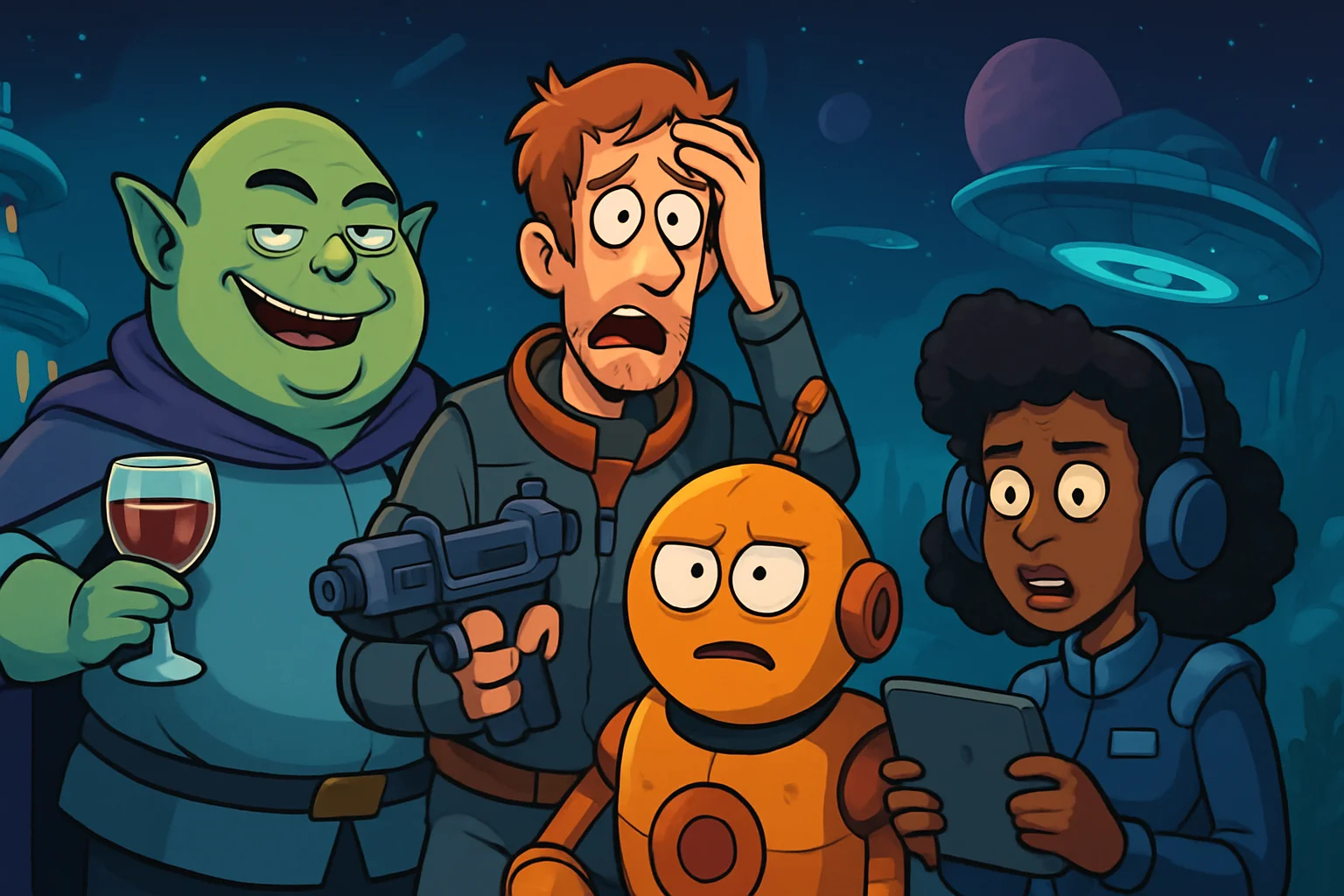 Комедийные персонажи из игры Earth Must Die, научно-фантастический мир квеста.