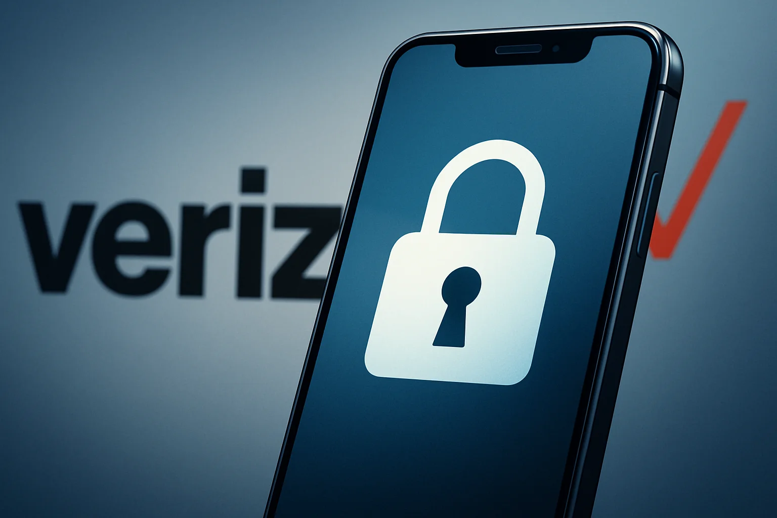 Изображение логотипа Verizon на фоне экрана смартфона, символизирующее политику разблокировки.