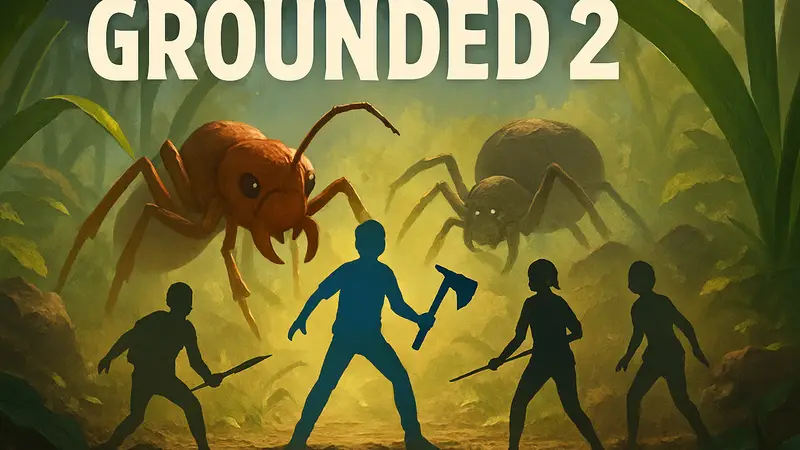 Обложка игры Grounded 2, на которой изображены миниатюрные герои в мире гигантских насекомых.