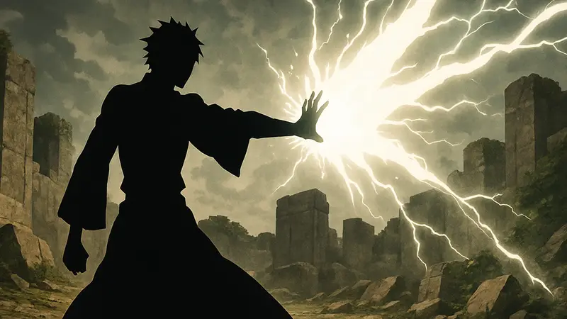 Персонаж из Bleach, использующий заклинание Кидо, с яркими эффектами