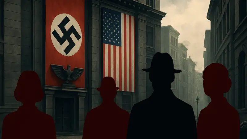 Кадр из сериала «Человек в высоком замке» с нацистской символикой и американским флагом