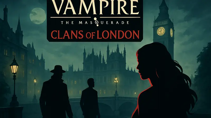 Логотип и обложка игры Vampire: The Masquerade — Clans of London с вампирской тематикой