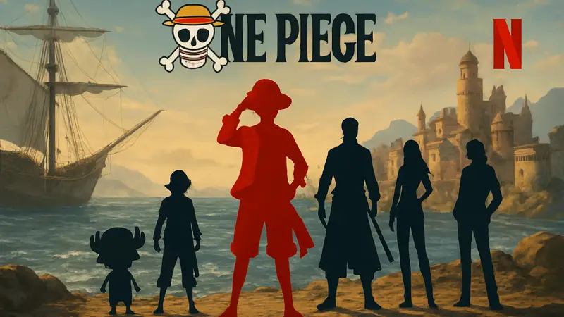 Логотип сериала One Piece от Netflix и изображение команды Пиратов Соломенной Шляпы, готовых к приключениям.