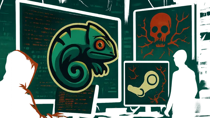 Логотип Meccha Chameleon на фоне хакерской атаки и заражённых карт Steam Workshop.