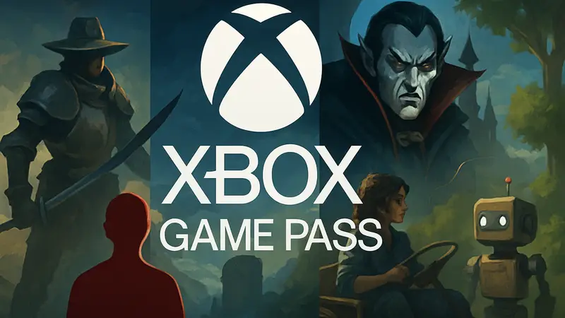 Логотип Xbox Game Pass на фоне новых игр, включая проект от создателей Vampire Survivors, символизирующий пополнение библиотеки.