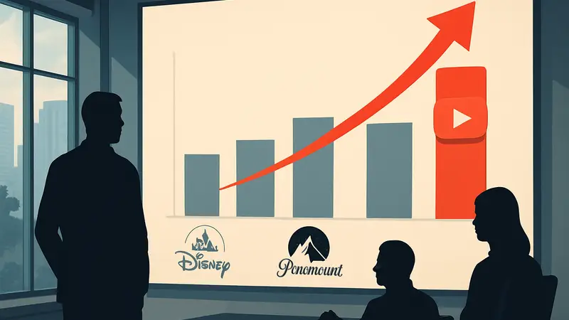 График роста рекламных доходов YouTube в 2025 году, превосходящий медиакомпании Disney и Paramount.