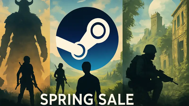Логотип Steam Spring Sale 2026 с иллюстрациями популярных игр на фоне