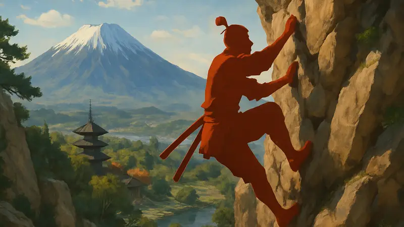 Концепт-арт Ghost of Yōtei, самурай карабкается по скалам на фоне японского пейзажа.