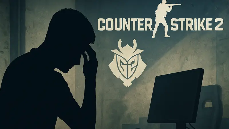 Киберспортсмен NiKo из команды G2 Esports на фоне логотипа Counter-Strike 2, NiKo о поражении в плей-офф