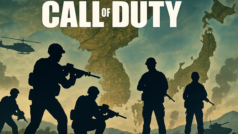 Логотип Call of Duty на фоне карты Кореи или военной сцены, связанной с игрой Infinity Ward.