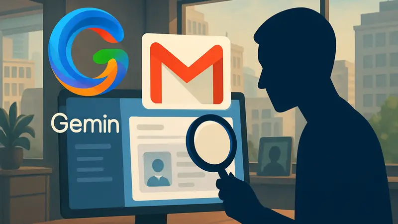 Иллюстрация Google Gemini сканирующего почтовый ящик Gmail для персонализированных данных и фото