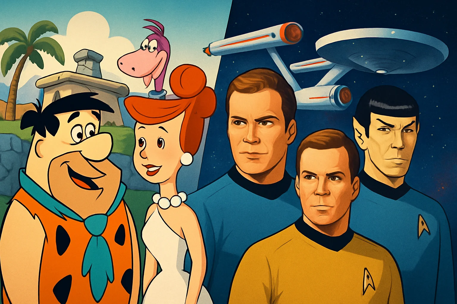 Обложка статьи с изображением культовых телешоу 1960-х годов, включая Star Trek и Flintstones.