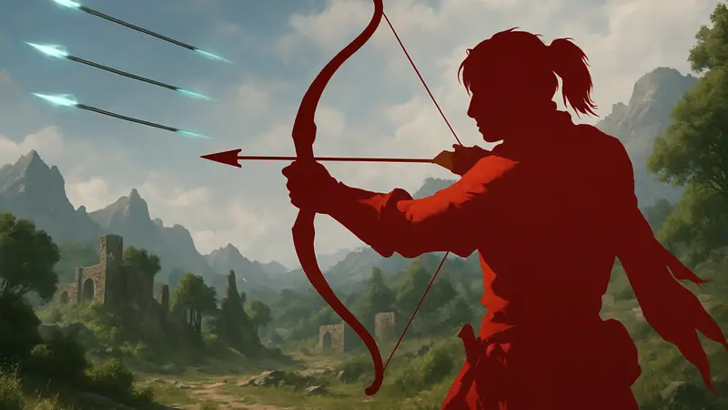 Персонаж-лучник из Crimson Desert держит лук, на фоне летят восполняемые стрелы.