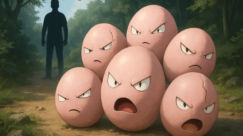 Покемон Exeggcute, состоящий из шести яиц-экстрасенсов, демонстрирующий свои особенности