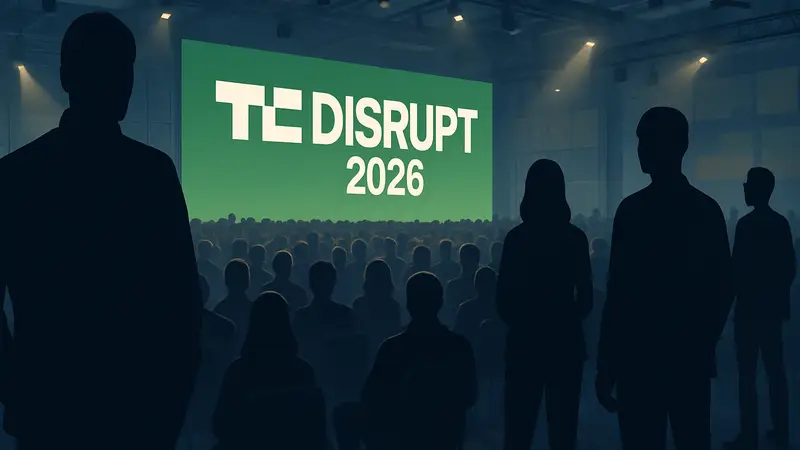 Логотип TechCrunch Disrupt 2026 на фоне изображения конференции с участниками.