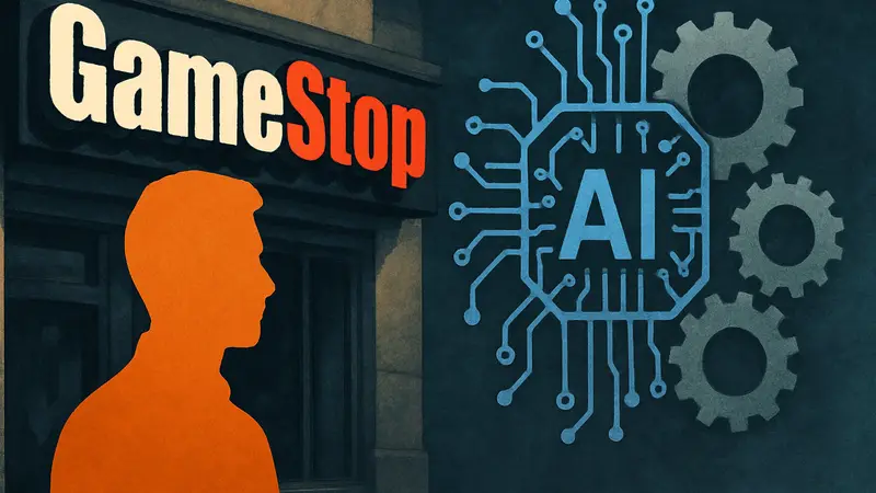 Логотип GameStop рядом с символом искусственного интеллекта или шестерёнками.