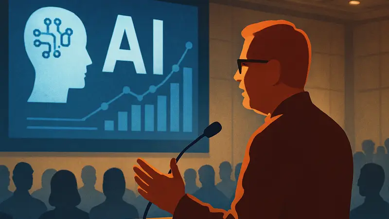 Рид Хоффман выступает на конференции, обсуждая искусственный интеллект и новые бизнес-модели.