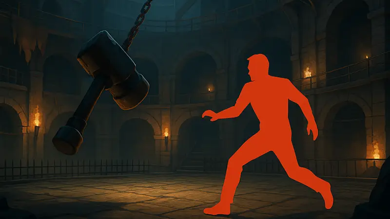 Скриншот из 007 First Light, герой уклоняется от молота, сцена из арены Fight Pit