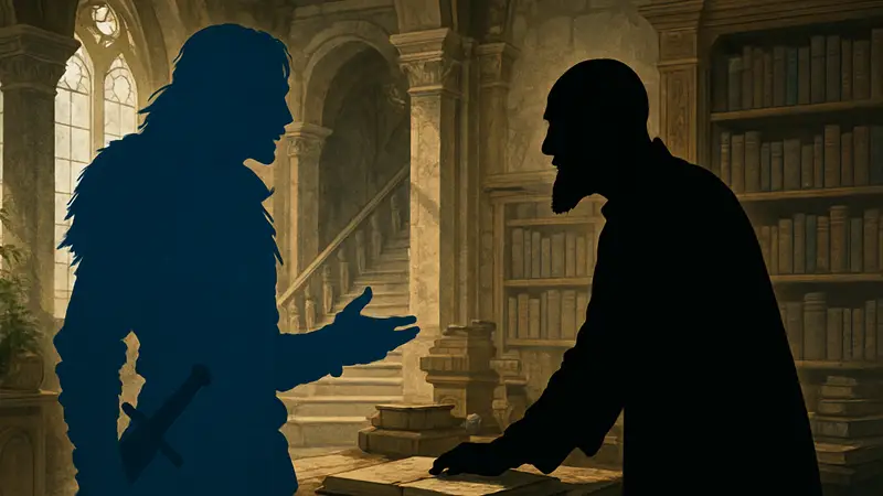 Персонаж Crimson Desert разговаривает с управляющим института во время квеста "Противоречие".