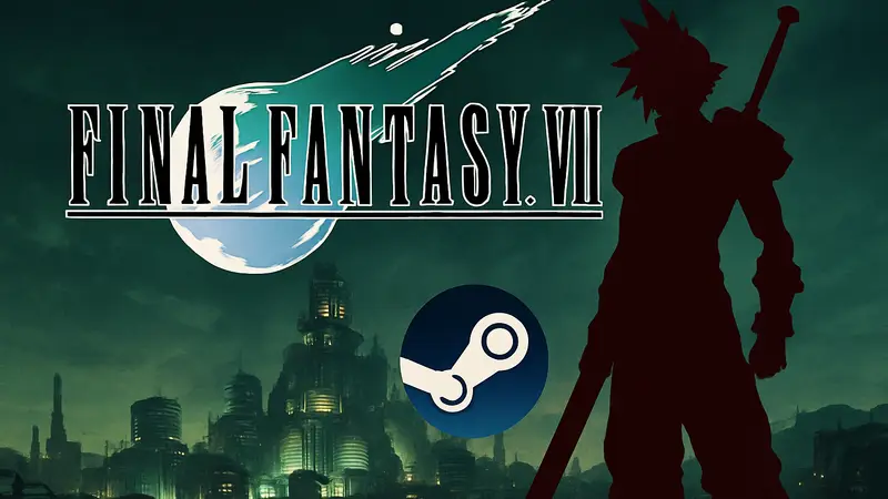 Логотип Final Fantasy 7 с изображением Клауда Страйфа и символикой Steam.